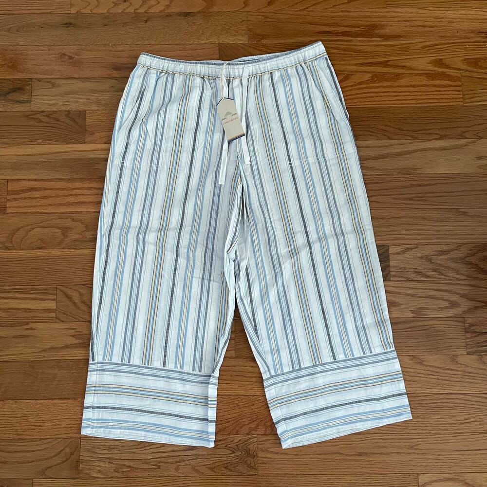 Casa Cabana Womens L Anita Linen Viscose Wide Leg Pull On Pants Blue White NWT